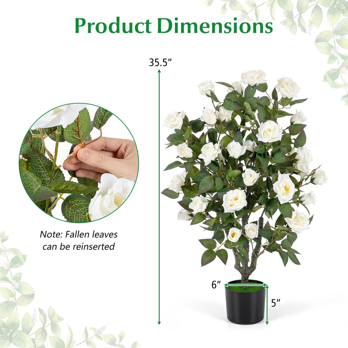 Set of 2 Artificial Rose Tree with Blooming Flowers and Green Leaves for Indoor-White view 4