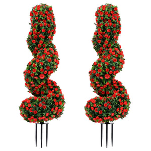 Set of 2 Artificial Spiral Topiary Trees with Sun Protection and Ground Spikes-Red