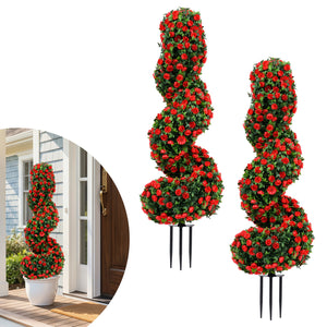Set of 2 Artificial Spiral Topiary Trees with Sun Protection and Ground Spikes-Red view 3
