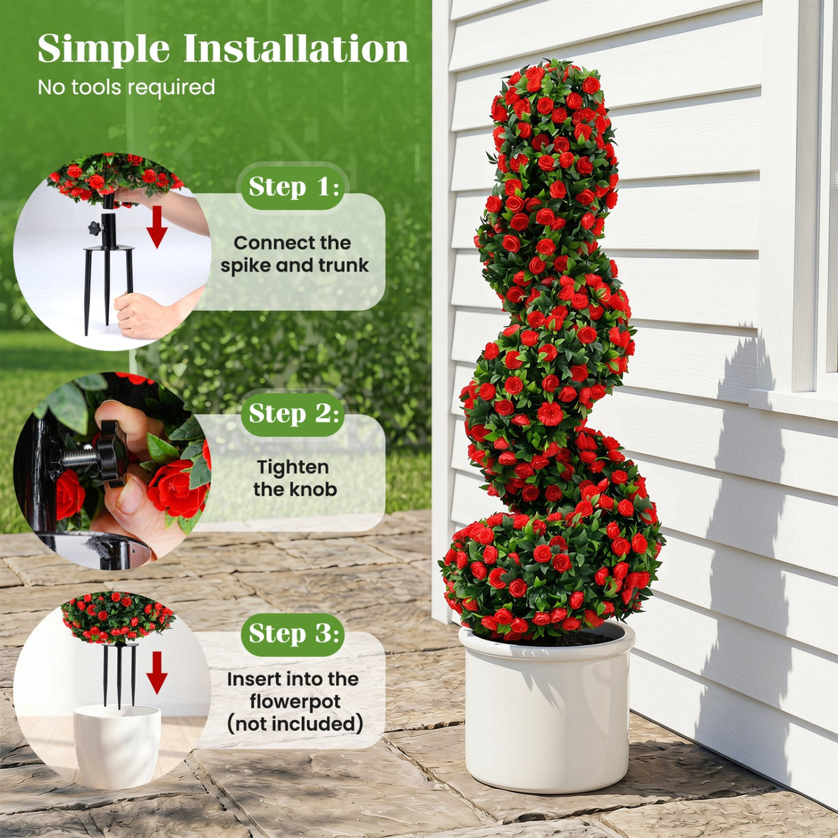 Set of 2 Artificial Spiral Topiary Trees with Sun Protection and Ground Spikes-Red view 5