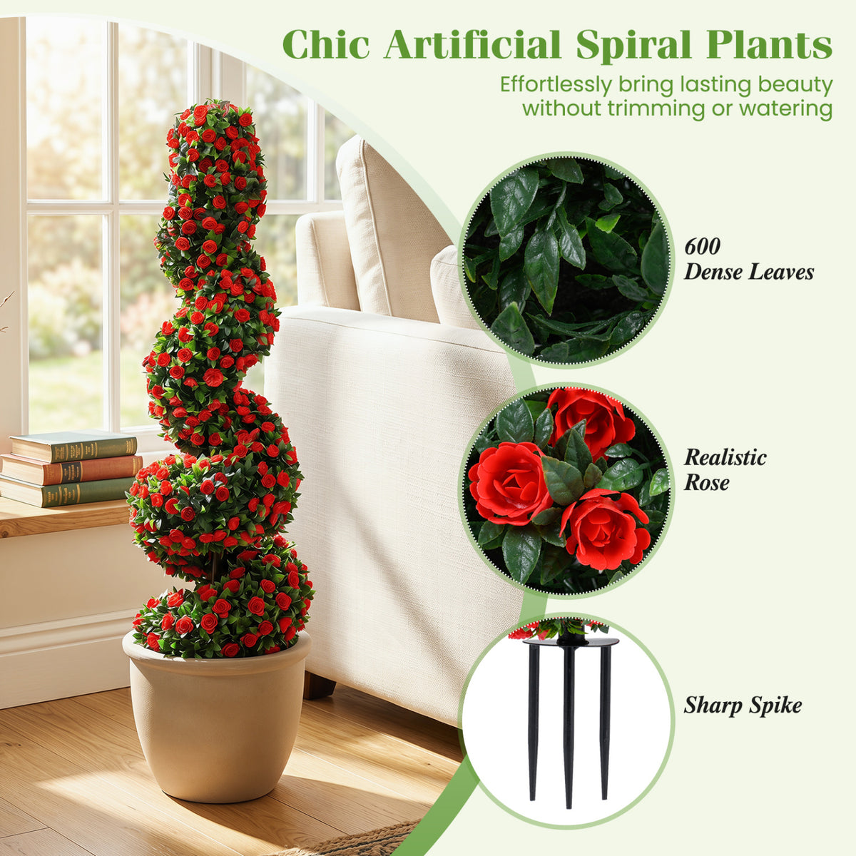 Set of 2 Artificial Spiral Topiary Trees with Sun Protection and Ground Spikes-Red view 7