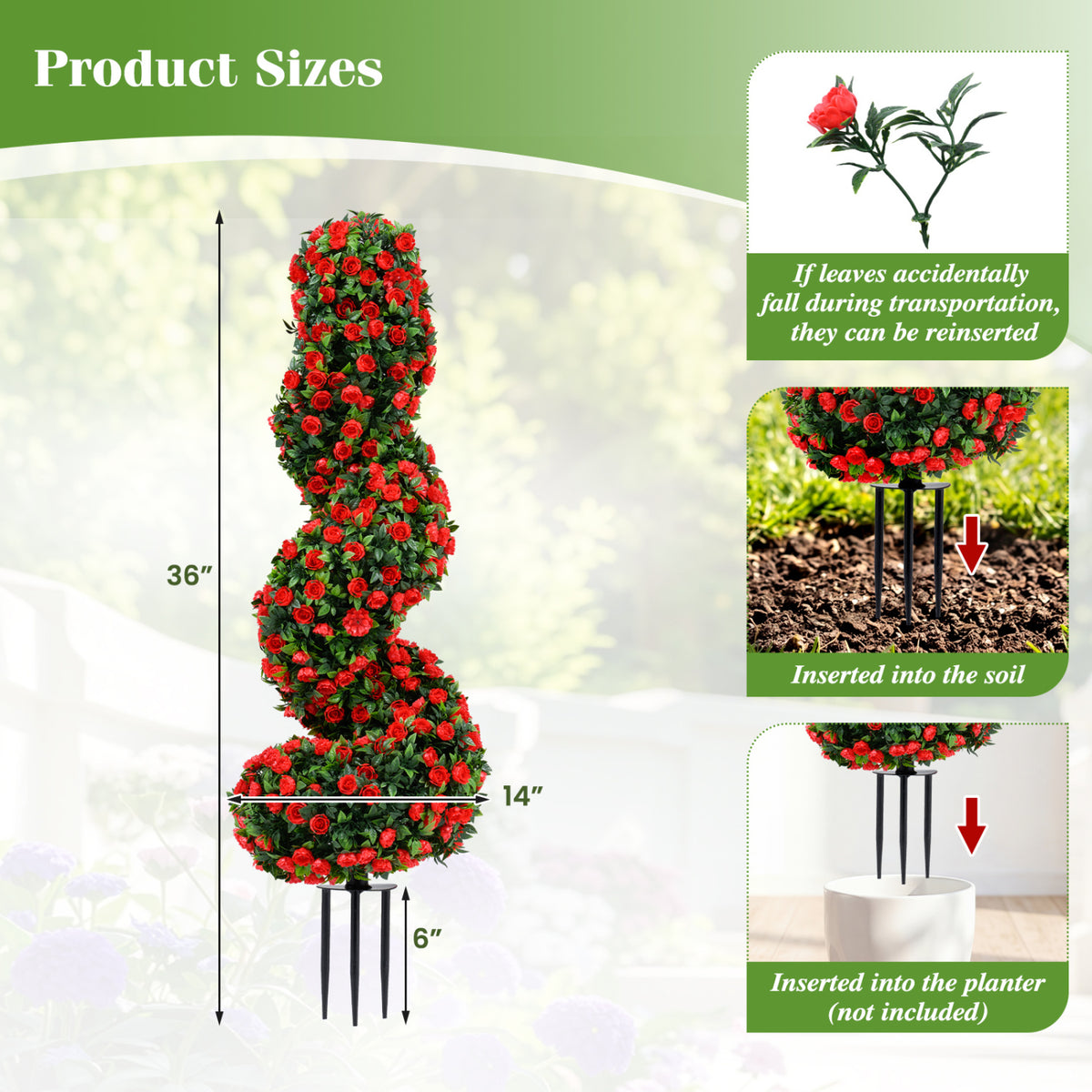 Set of 2 Artificial Spiral Topiary Trees with Sun Protection and Ground Spikes-Red view 4