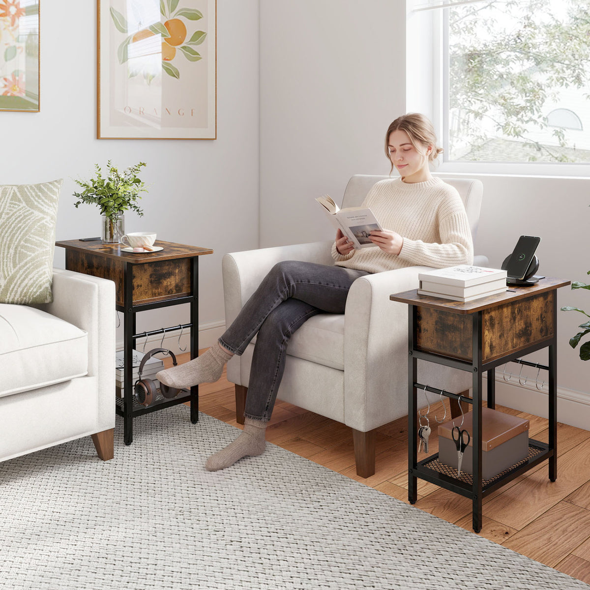 Set of 2 End Table with Charging Station and Hidden Compartment-Rustic Brown view 2