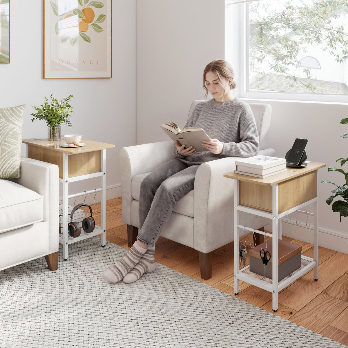 Set of 2 End Table with Charging Station and Hidden Compartment-Natural view 2