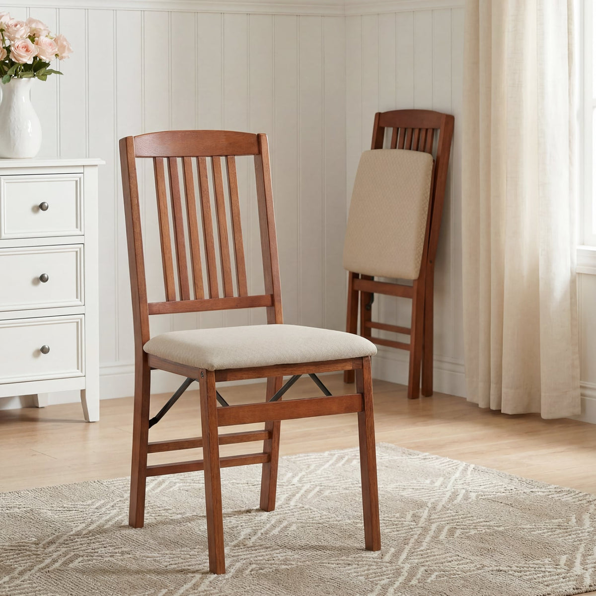 Set of 2 Foldable Upholstered Kitchen Chairs with Padded Seat-Beige view 3