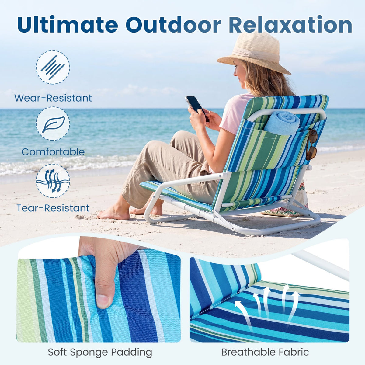 Set of 2 Folding Beach Chairs with Sponge Padded Seat for Camping-Color view 8