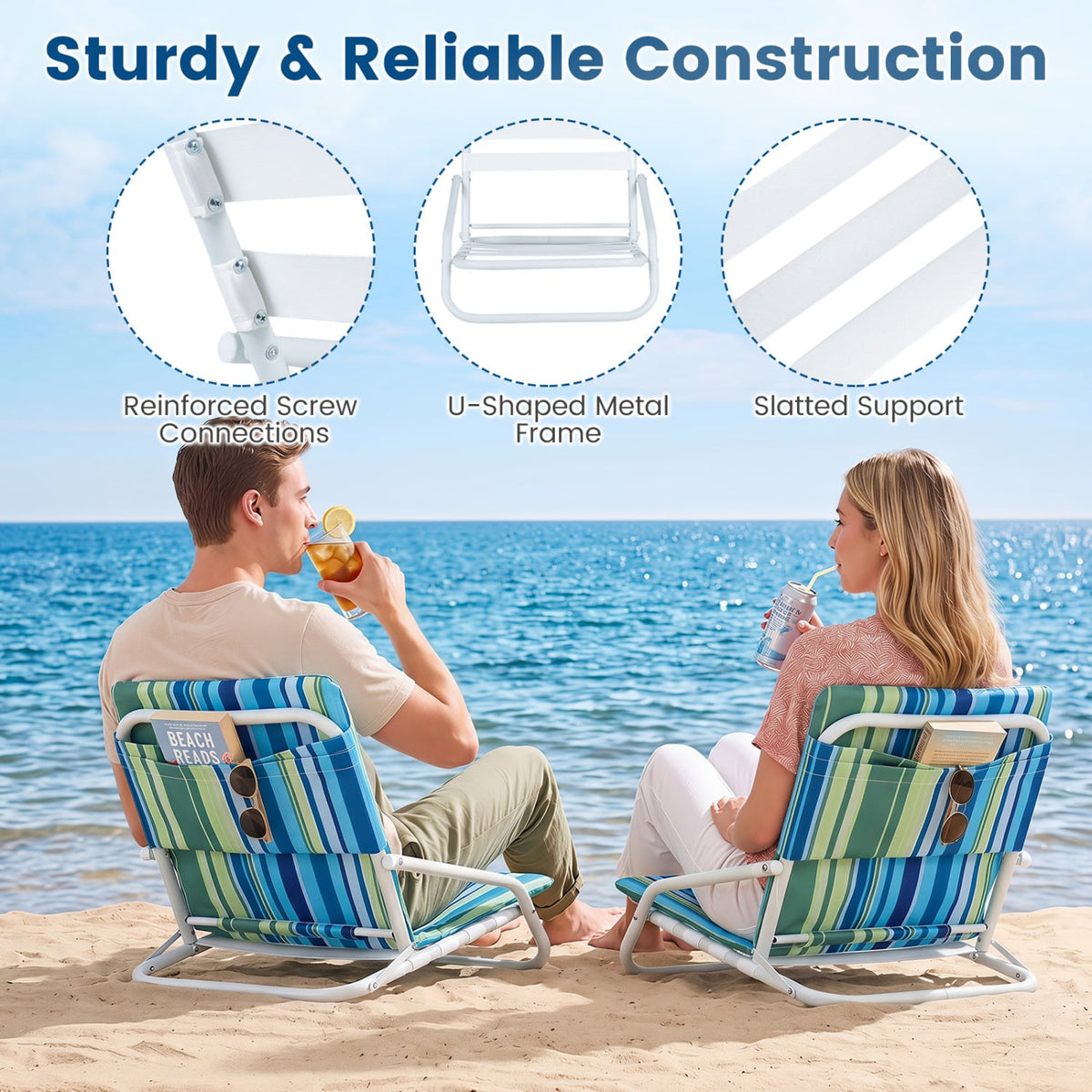 Set of 2 Folding Beach Chairs with Sponge Padded Seat for Camping-Color view 9