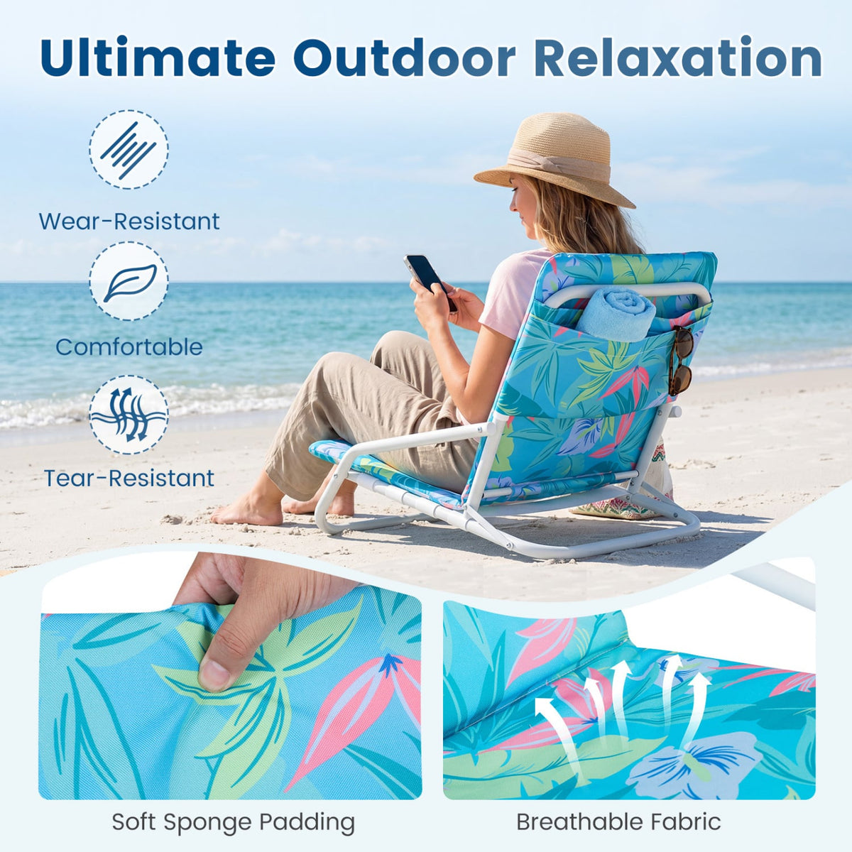 Set of 2 Folding Beach Chairs with Sponge Padded Seat for Camping-Navy view 9