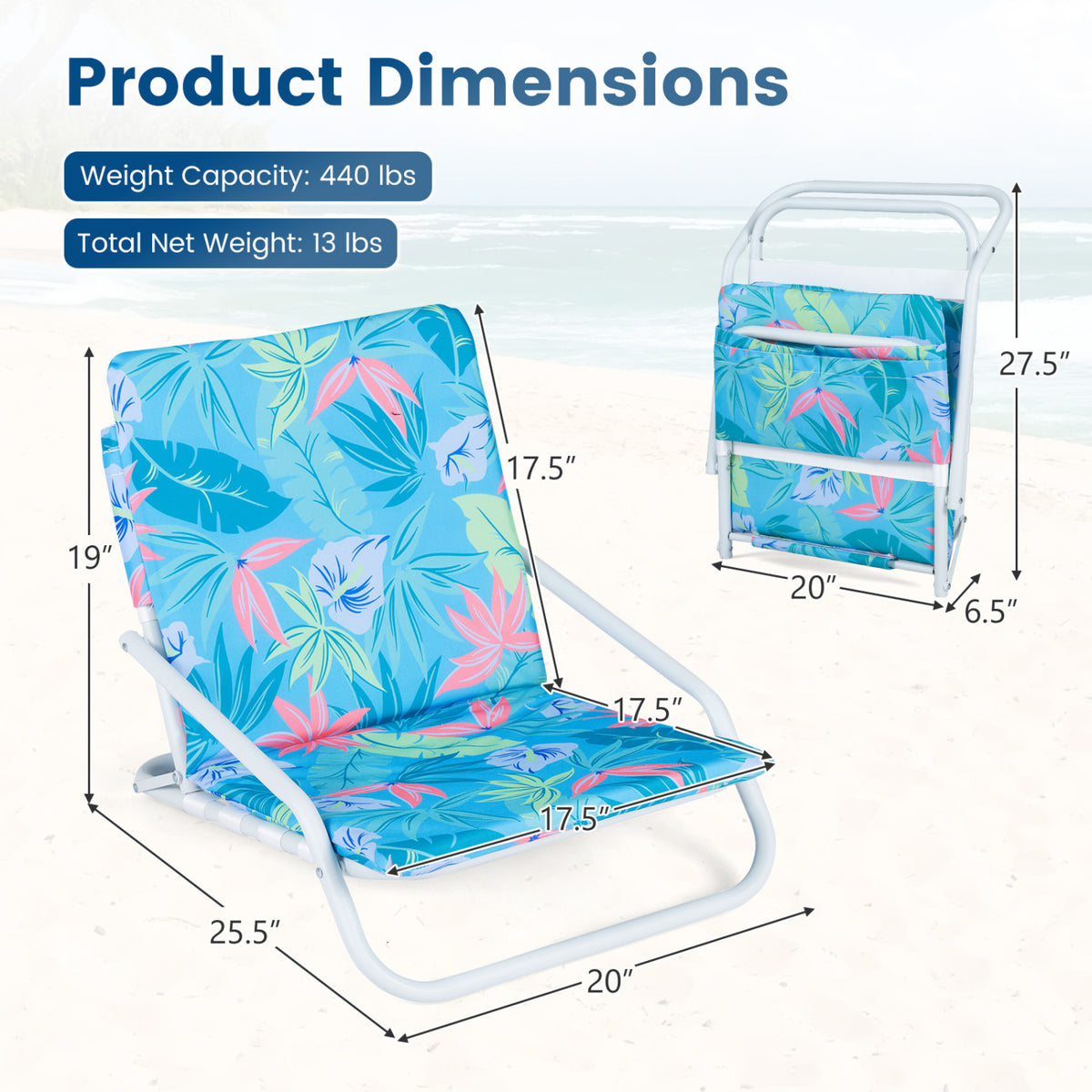 Set of 2 Folding Beach Chairs with Sponge Padded Seat for Camping-Navy view 5