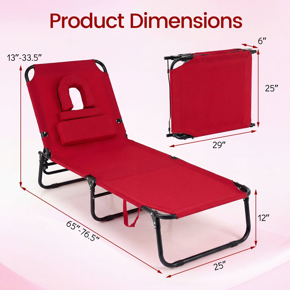 Set of 2 Folding Face Down Tanning Chair with Face Hole 3 Removable Pillows-Red view 4