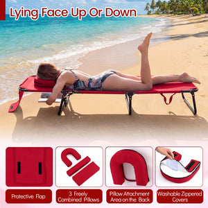 Set of 2 Folding Face Down Tanning Chair with Face Hole 3 Removable Pillows-Red view 7