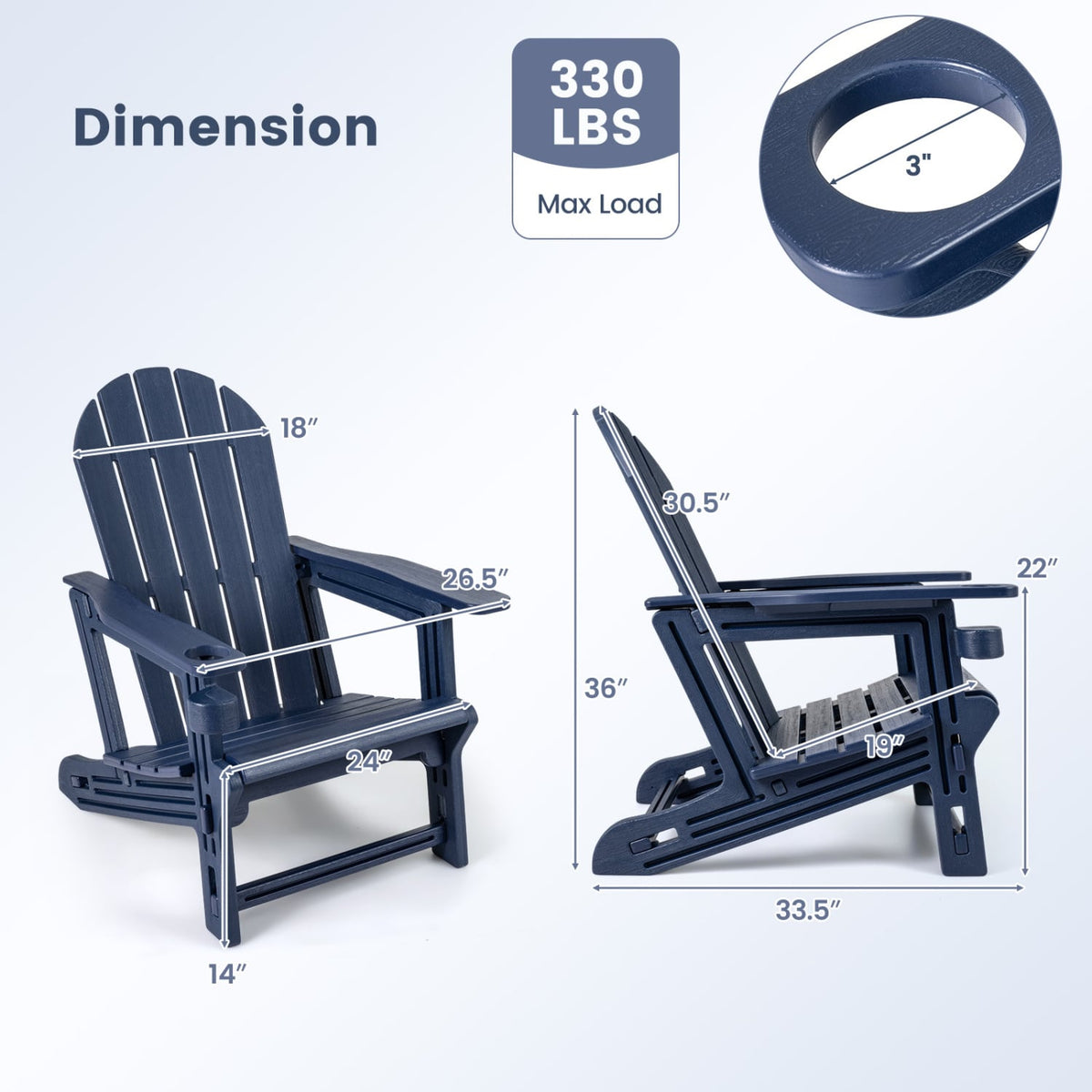 Set of 2 HDPE Adirondack Chair with Cup Holder and Wooden Texture for Patio-Blue view 3