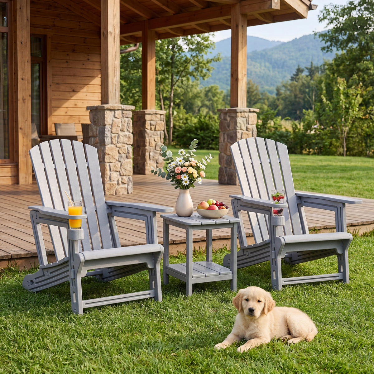 Set of 2 HDPE Adirondack Chair with Cup Holder and Wood-Like Texture, for Garden-Gray view 2