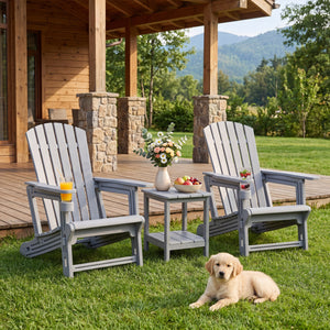 Set of 2 HDPE Adirondack Chair with Cup Holder and Wood-Like Texture, for Garden-Gray view 2