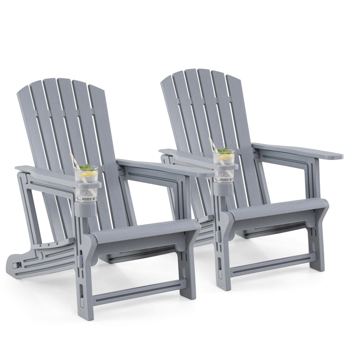 Set of 2 HDPE Adirondack Chair with Cup Holder and Wood-Like Texture, for Garden-Gray