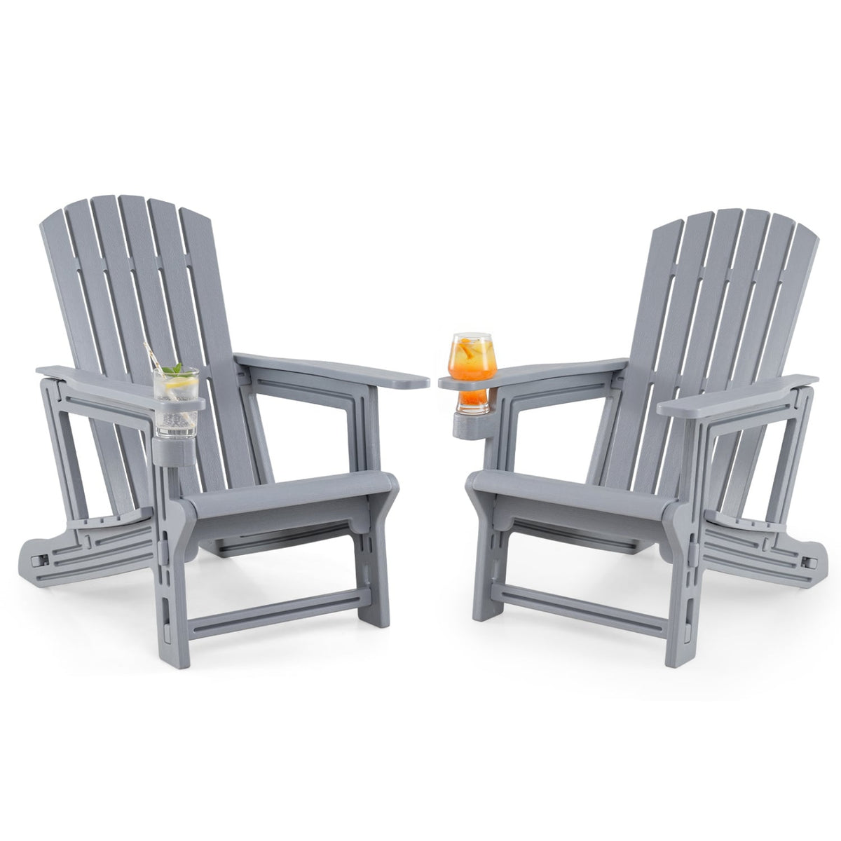 Set of 2 HDPE Adirondack Chair with Cup Holder and Wood-Like Texture, for Garden-Gray view 4