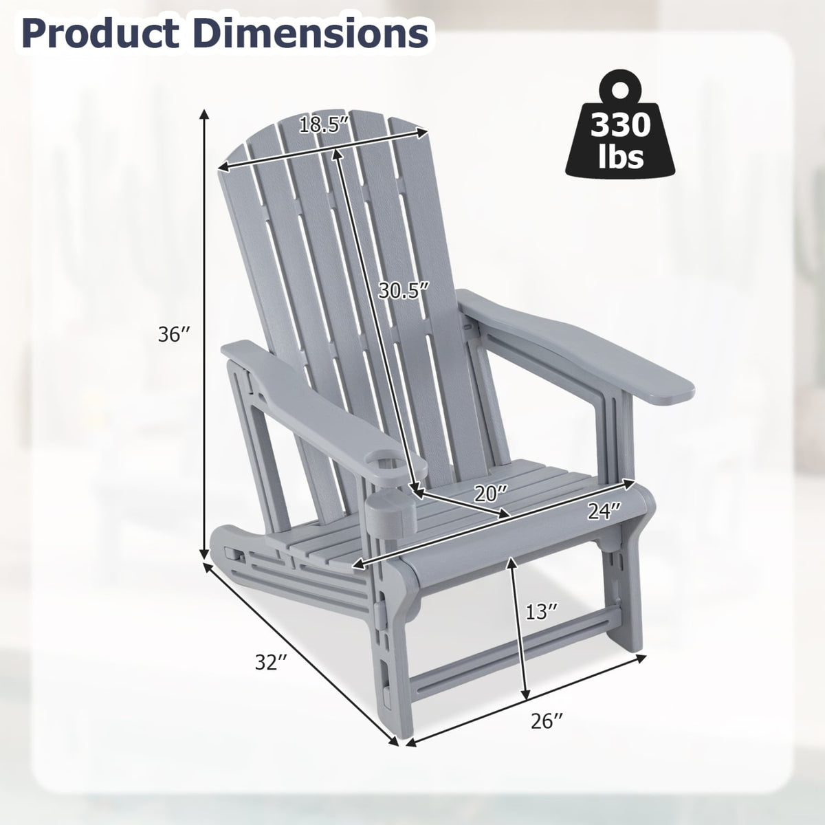 Set of 2 HDPE Adirondack Chair with Cup Holder and Wood-Like Texture, for Garden-Gray view 5