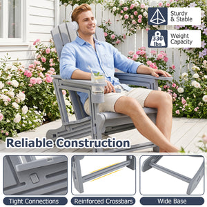 Set of 2 HDPE Adirondack Chair with Cup Holder and Wood-Like Texture, for Garden-Gray view 8