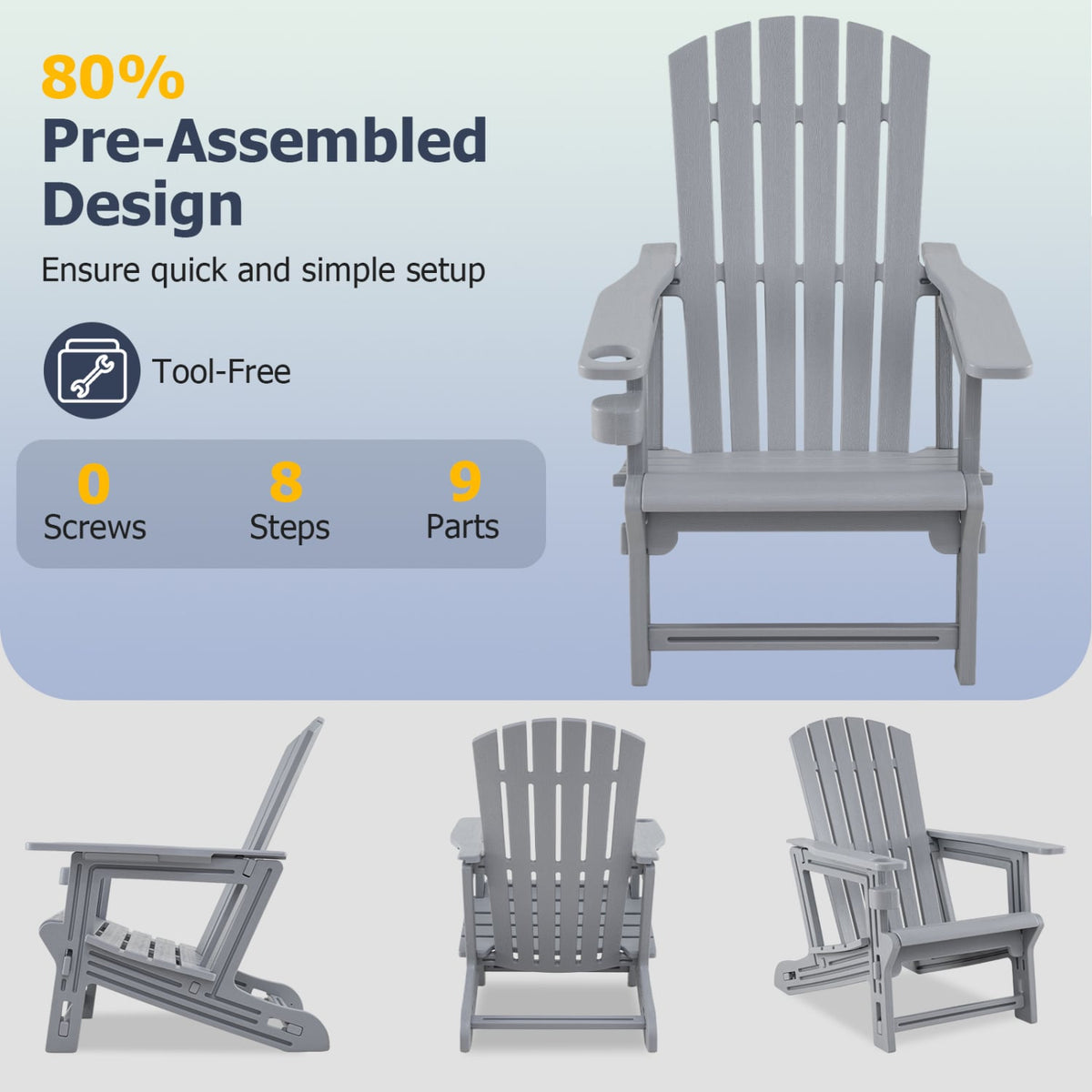 Set of 2 HDPE Adirondack Chair with Cup Holder and Wood-Like Texture, for Garden-Gray view 9