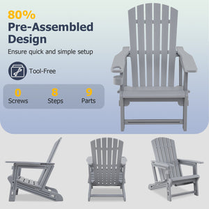 Set of 2 HDPE Adirondack Chair with Cup Holder and Wood-Like Texture, for Garden-Gray view 9