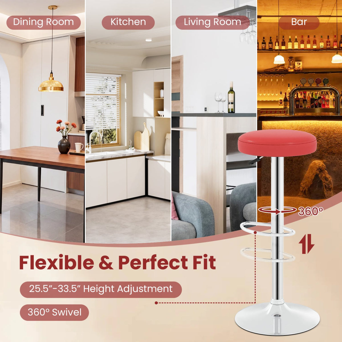 Set of 2 Height-adjustable Swivel Bar Stool with 360° Swivel bar stool-Red view 6