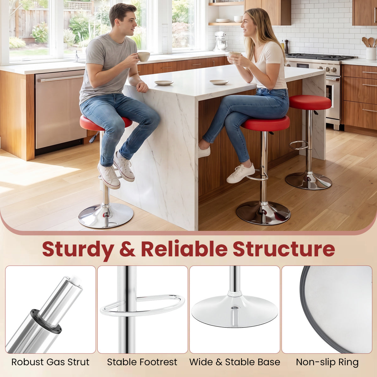 Set of 2 Height-adjustable Swivel Bar Stool with 360° Swivel bar stool-Red view 8