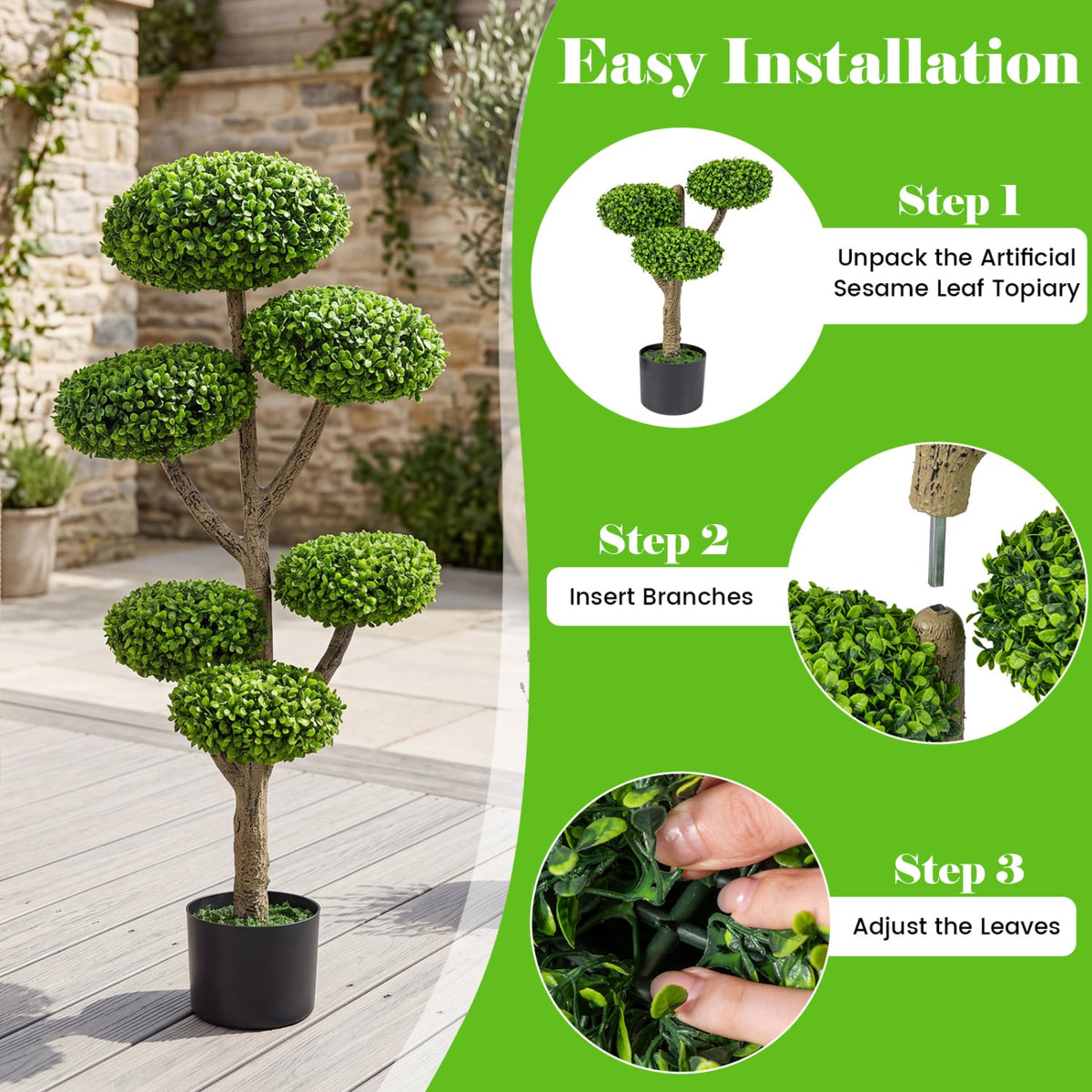 Set of 2 Indoor Outdoor 6 Balls Topiary Tree with Realistic Trunk and Weighted Cement-Filled Base view 8
