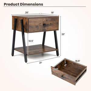 Set of 2 Industrial Nightstand with Adjustable Foot Pads for Bedroom-Rustic Brown view 3