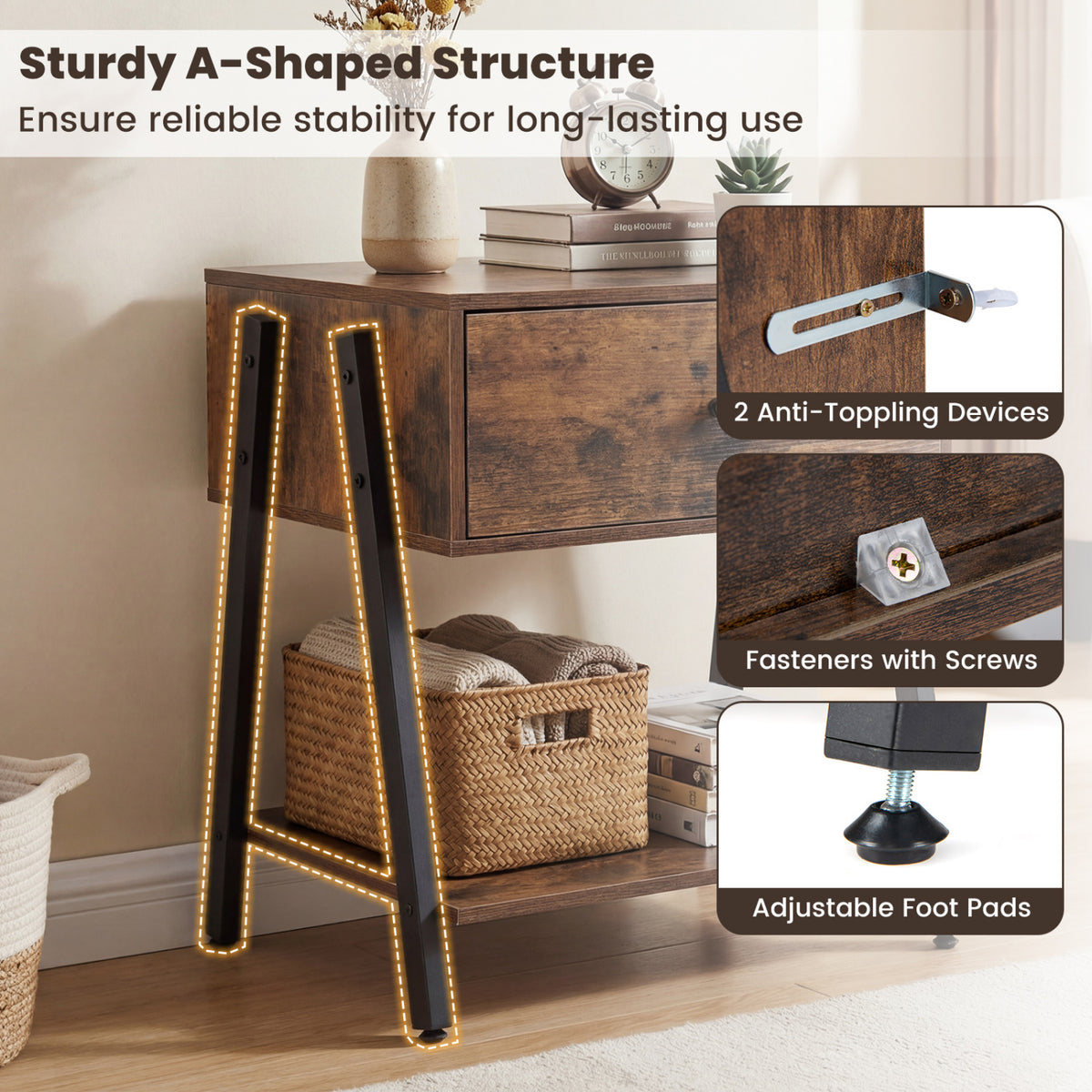 Set of 2 Industrial Nightstand with Adjustable Foot Pads for Bedroom-Rustic Brown view 7
