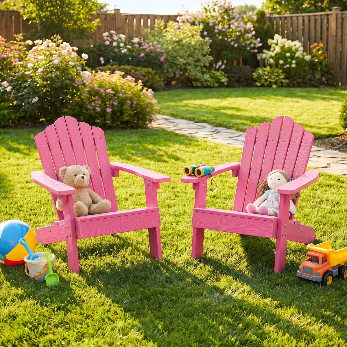 Set of 2 Kids Adirondack Chairs All-weather Outdoor Chairs for Children with Tilted High Backrest-Pink view 2