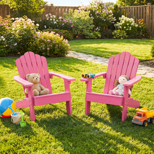 Set of 2 Kids Adirondack Chairs All-weather Outdoor Chairs for Children with Tilted High Backrest-Pink view 2