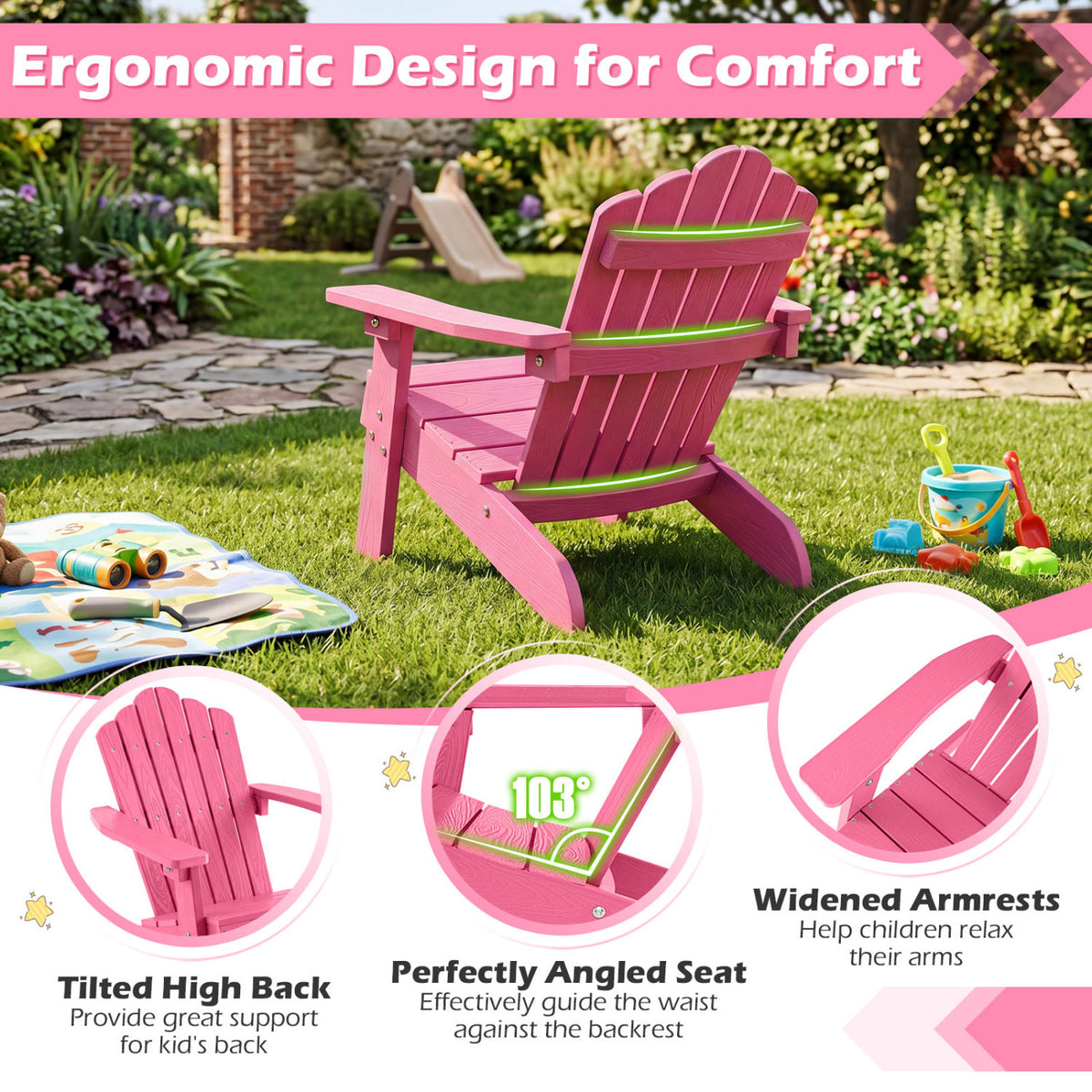 Set of 2 Kids Adirondack Chairs All-weather Outdoor Chairs for Children with Tilted High Backrest-Pink view 7