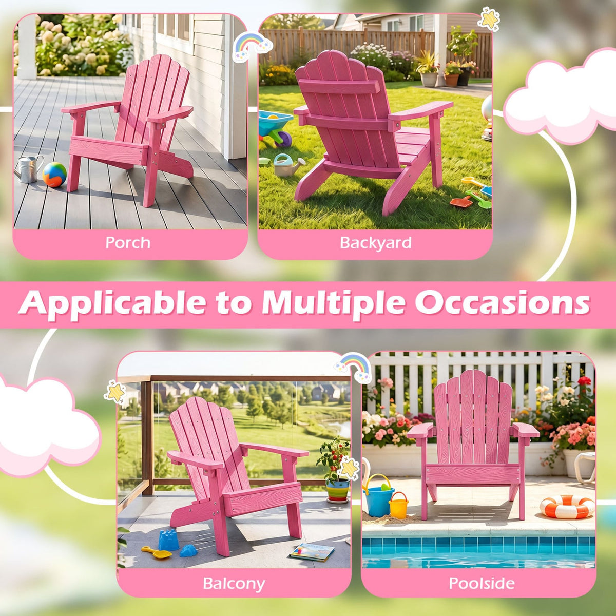 Set of 2 Kids Adirondack Chairs All-weather Outdoor Chairs for Children with Tilted High Backrest-Pink view 8