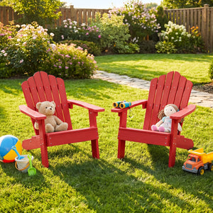 Set of 2 Kids Adirondack Chairs All-weather Outdoor Chairs for Children with Tilted High Backrest-Red view 2