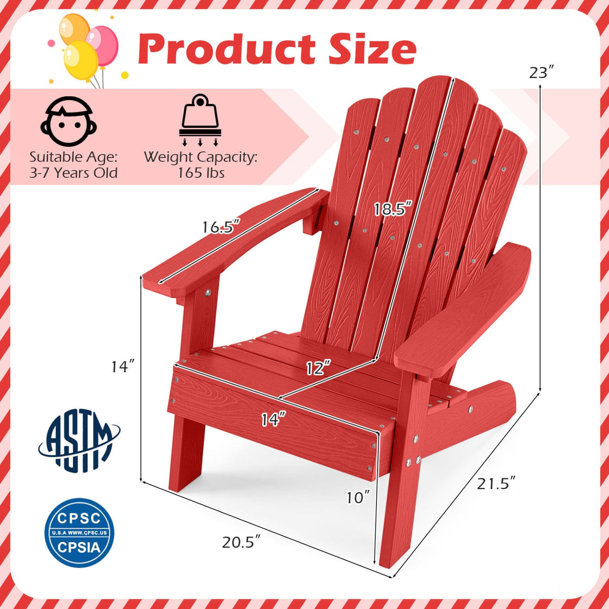 Set of 2 Kids Adirondack Chairs All-weather Outdoor Chairs for Children with Tilted High Backrest-Red view 4