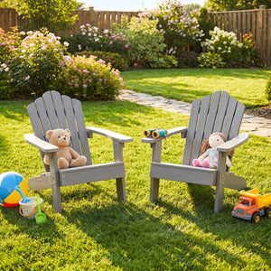 Set of 2 Kids Adirondack Chairs All-weather Outdoor Chairs for Children with Tilted High Backrest-Grey view 2