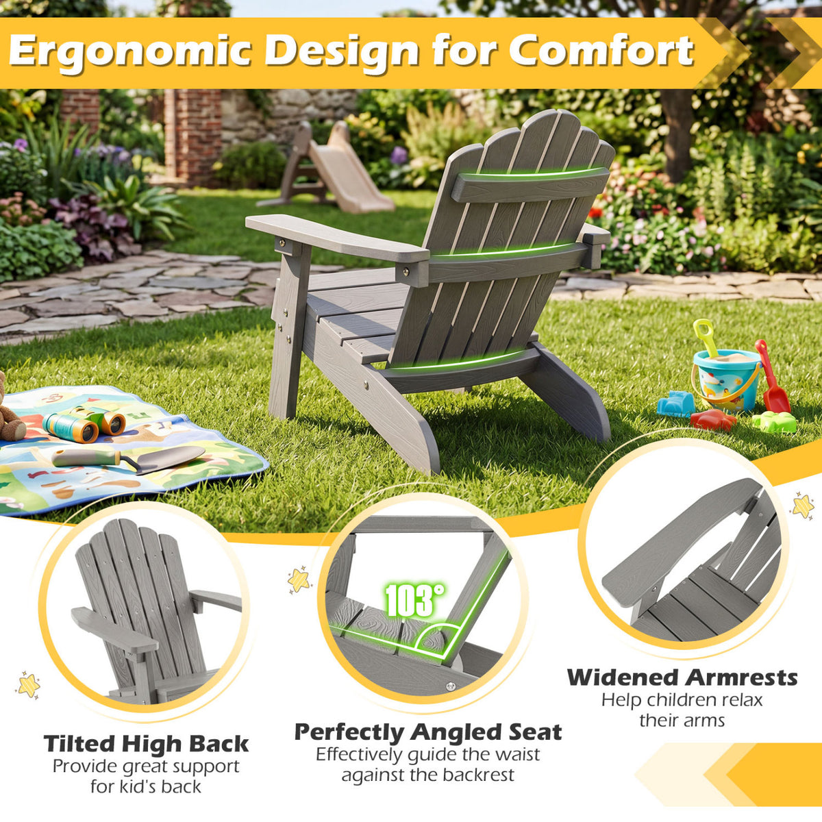 Set of 2 Kids Adirondack Chairs All-weather Outdoor Chairs for Children with Tilted High Backrest-Grey view 7