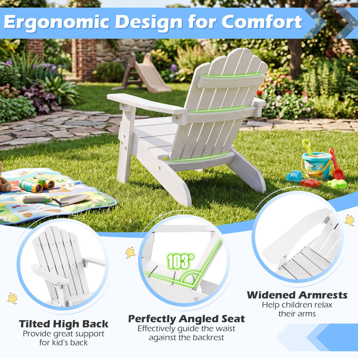 Set of 2 Kids Adirondack Chairs All-weather Outdoor Chairs for Children with Tilted High Backrest-White view 7