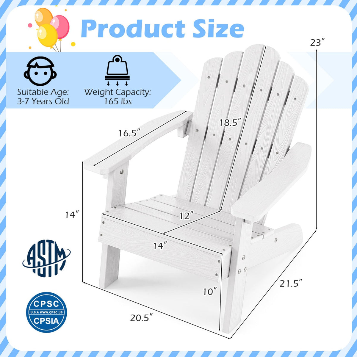 Set of 2 Kids Adirondack Chairs All-weather Outdoor Chairs for Children with Tilted High Backrest-White view 4
