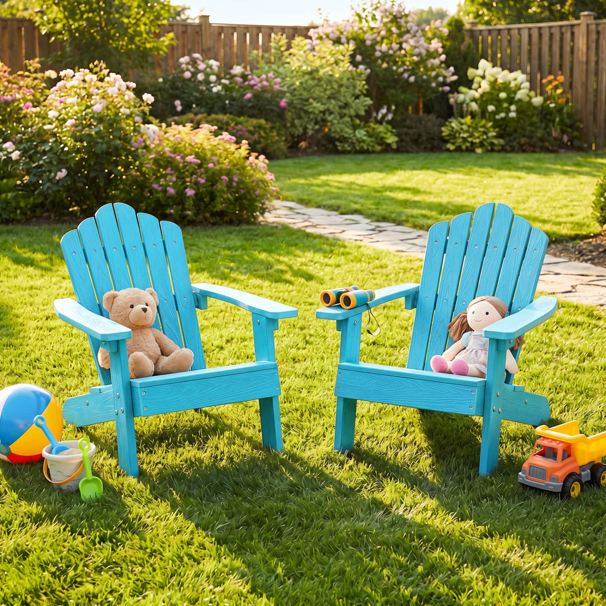 Set of 2 Kids Adirondack Chairs All-weather Outdoor Chairs for Children with Tilted High Backrest-Turquoise view 2