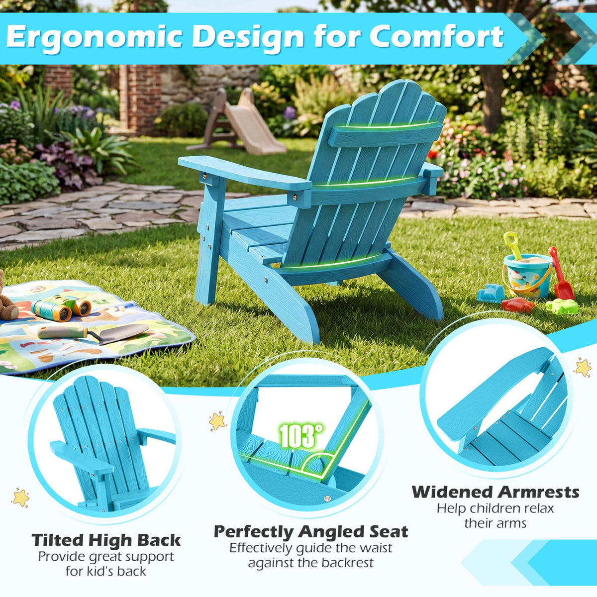 Set of 2 Kids Adirondack Chairs All-weather Outdoor Chairs for Children with Tilted High Backrest-Turquoise view 7