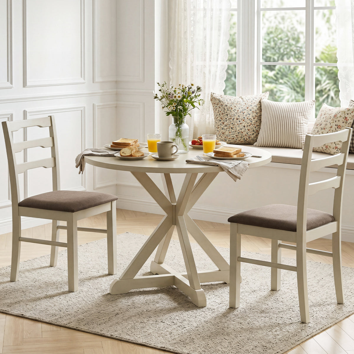 Set of 2 Linen Style Upholstered Dining Chairs with Wood Frames-White view 2