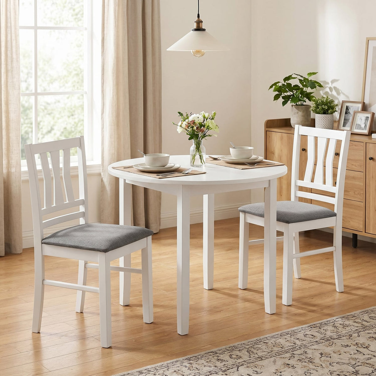 Set of 2 Linen Style Upholstered Kitchen Chairs with Wood Frames-White view 2