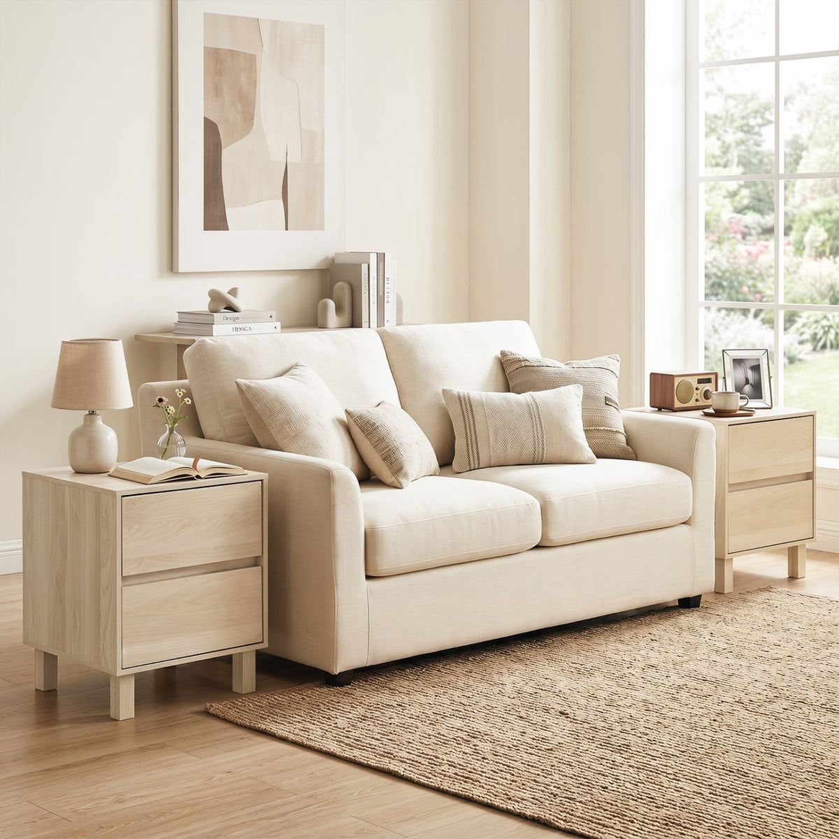 Set of 2 Modern Wooden End Table with 2 Storage Drawers-Natural view 3