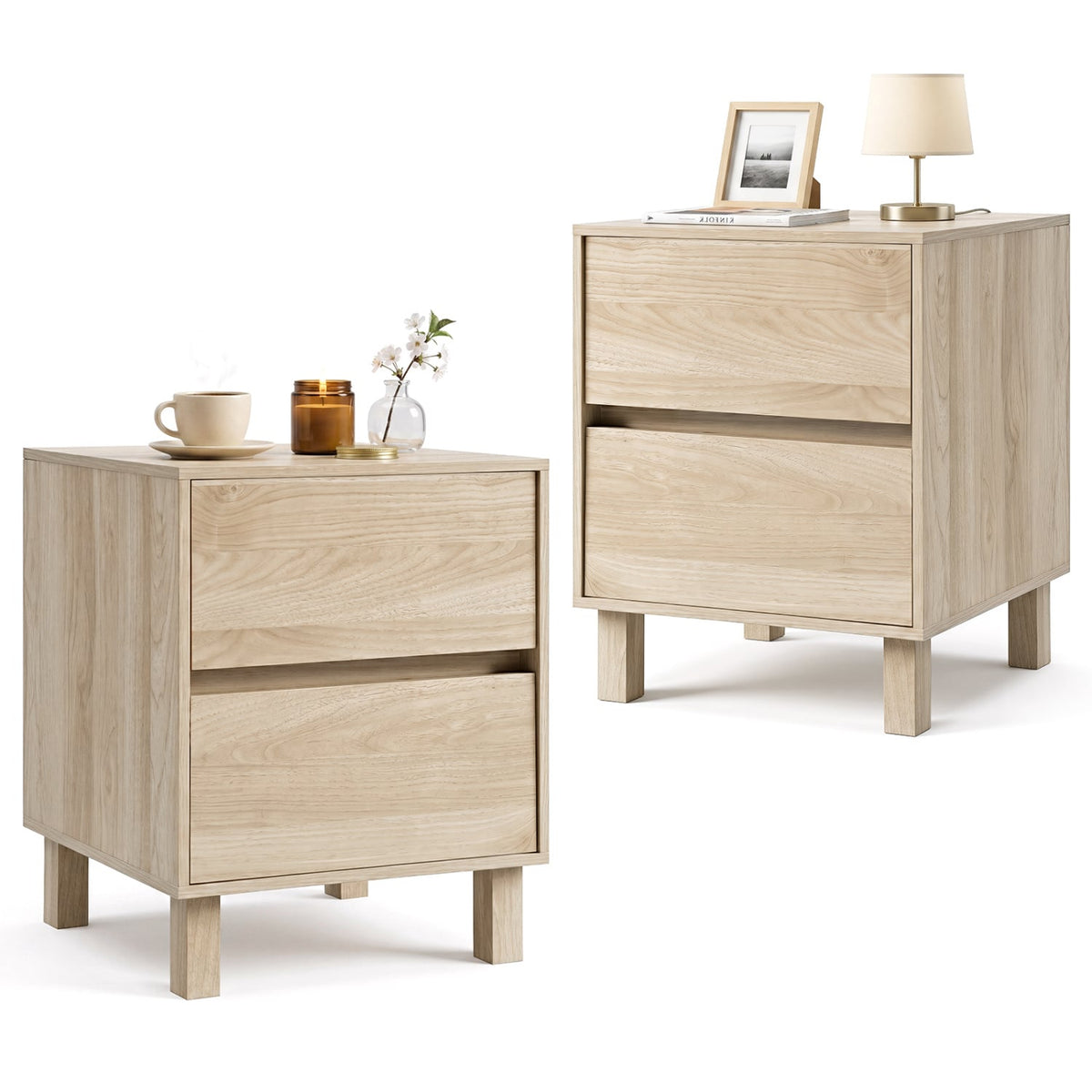 Set of 2 Modern Wooden End Table with 2 Storage Drawers-Natural