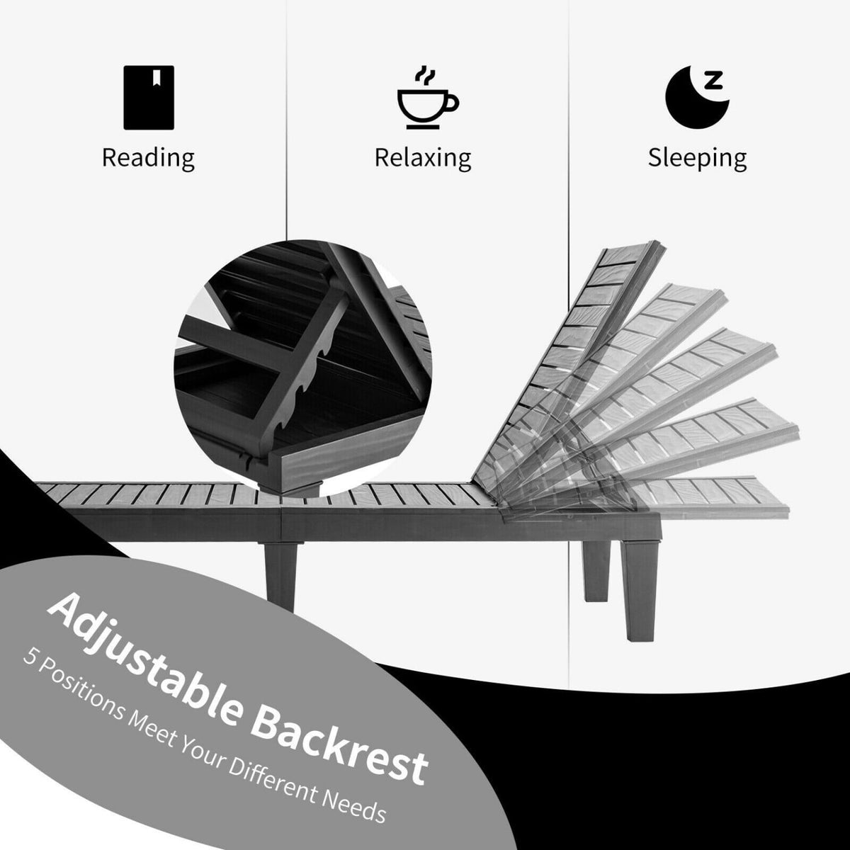 Set of 2 Outdoor Chaise Lounge Chair with 5 Positions Adjustable Backrest-Black view 9