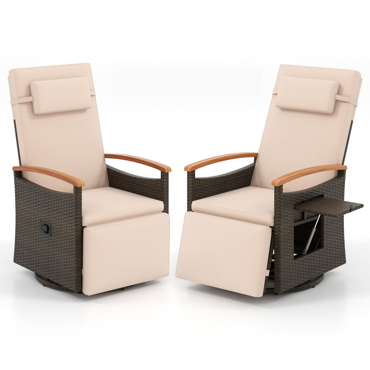 Set of 2 Patio Rattan 360° Swivel Recliner Chair with Adjustable Backrest and Footrest-Beige