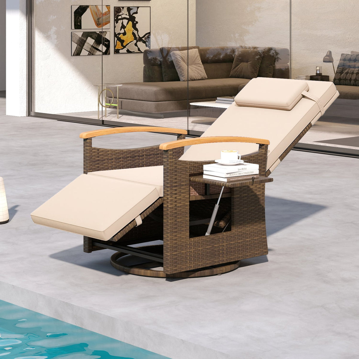 Set of 2 Patio Rattan 360° Swivel Recliner Chair with Adjustable Backrest and Footrest-Beige view 3