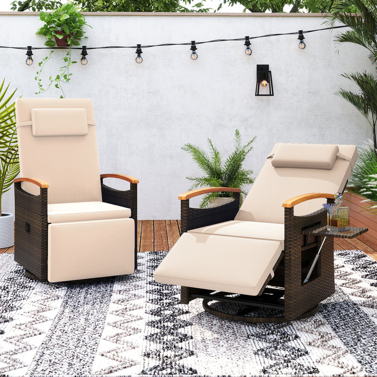 Set of 2 Patio Rattan 360° Swivel Recliner Chair with Adjustable Backrest and Footrest-Beige view 2