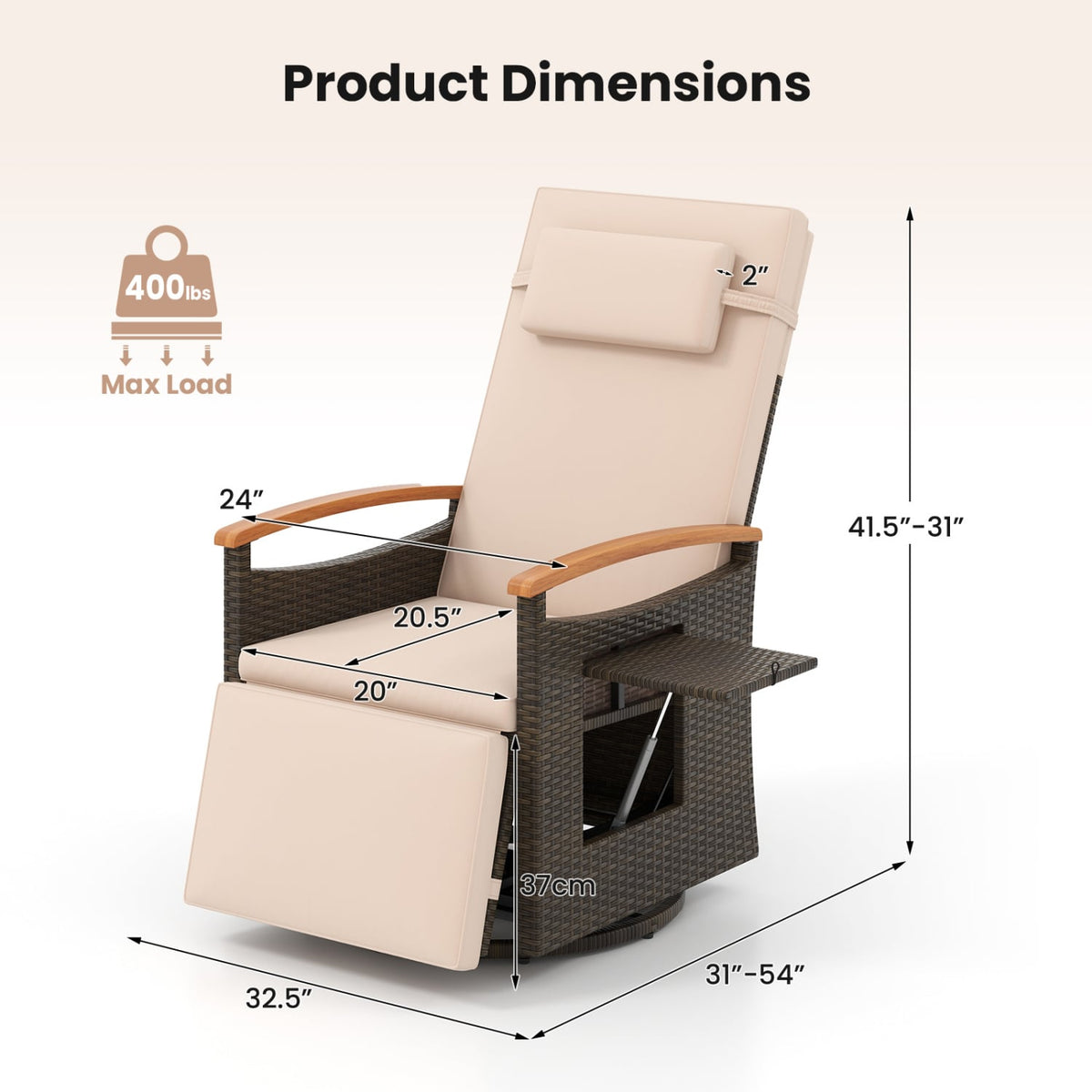 Set of 2 Patio Rattan 360° Swivel Recliner Chair with Adjustable Backrest and Footrest-Beige view 4